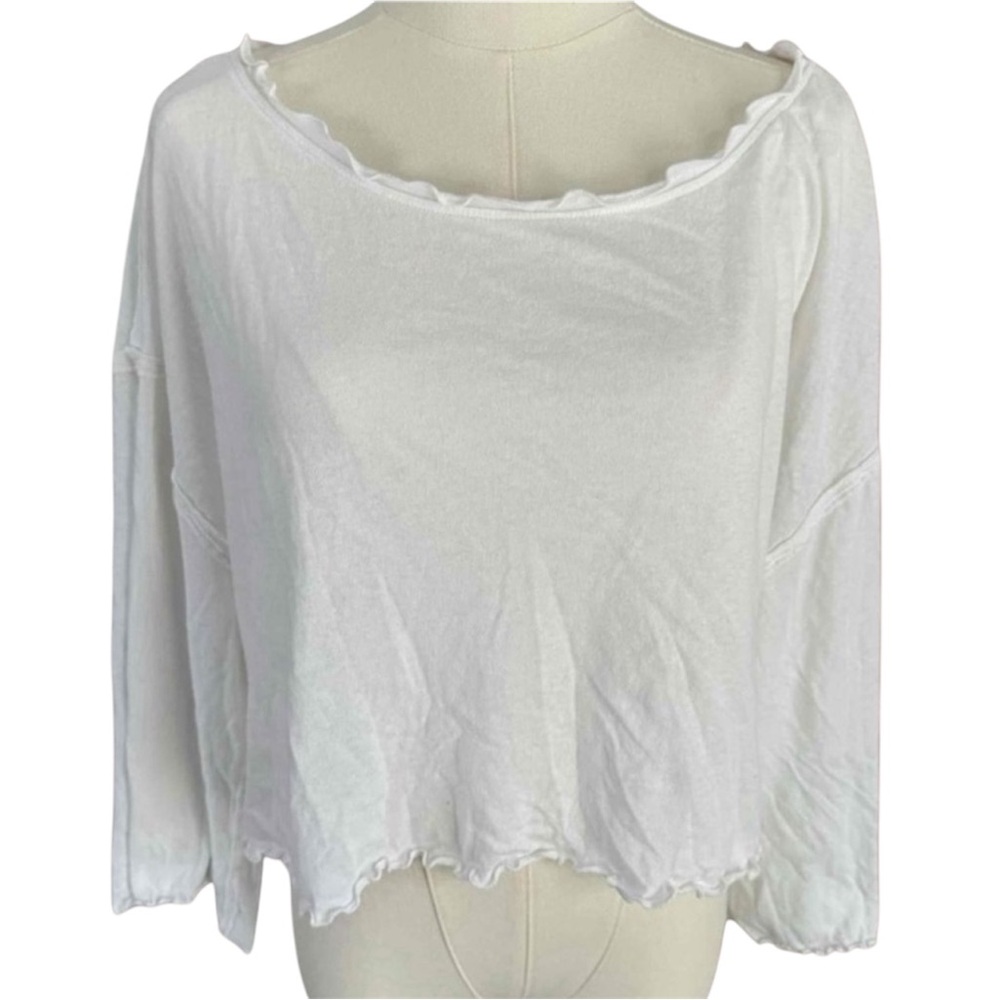 We The Free White Cotton Boat Neck Blouse Long Sleeves Ruffled Trim Medium
